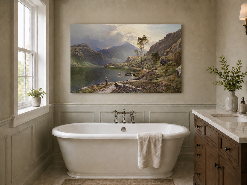 Landscape Oil Painting - Figures, Cattle Mountain Lake Dawn
