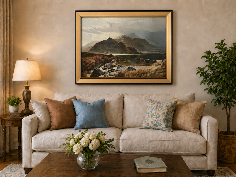 Landscape Oil Painting - Highland Lake, Cattle, Dramatic