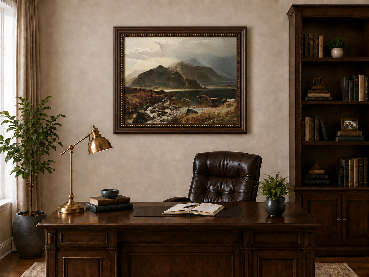 Landscape Oil Painting - Highland Lake, Cattle, Dramatic