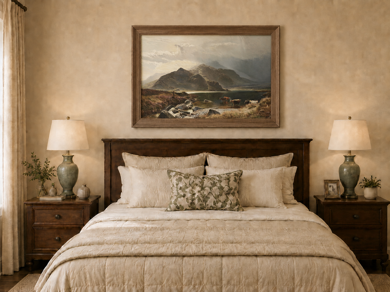 Landscape Oil Painting - Highland Lake, Cattle, Dramatic