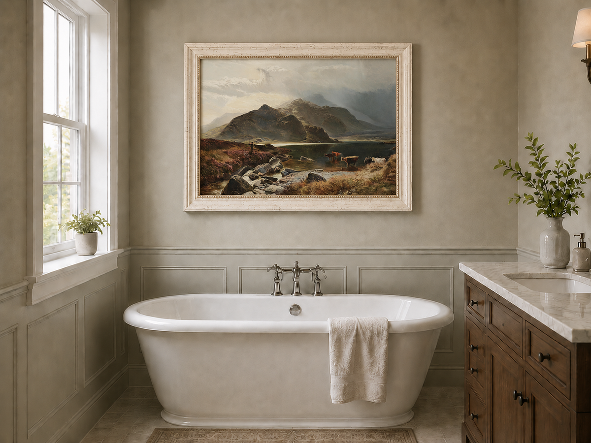 Landscape Oil Painting - Highland Lake, Cattle, Dramatic