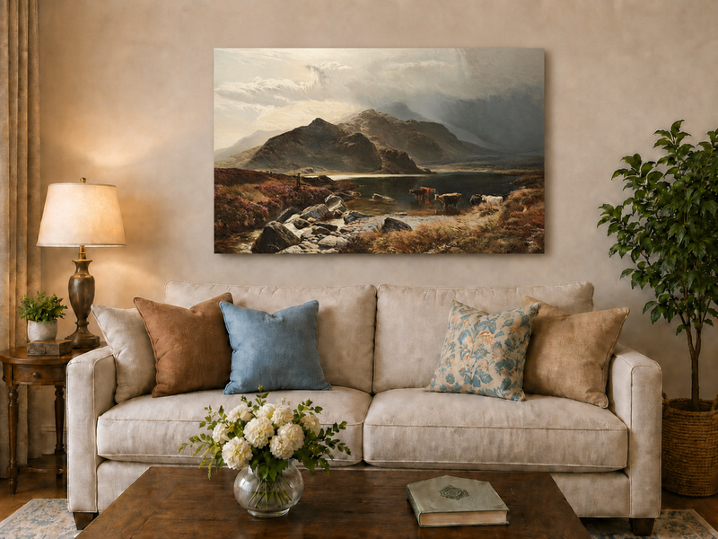 Landscape Oil Painting - Highland Lake, Cattle, Dramatic