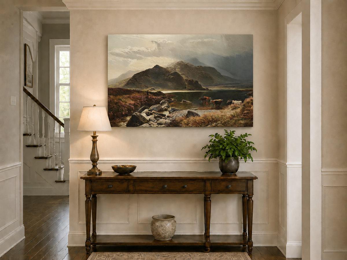 Landscape Oil Painting - Highland Lake, Cattle, Dramatic