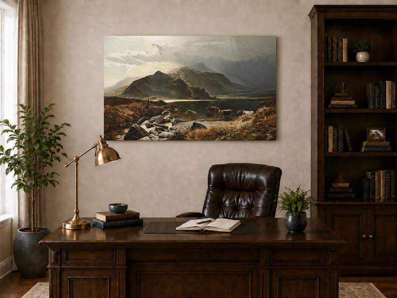 Landscape Oil Painting - Highland Lake, Cattle, Dramatic