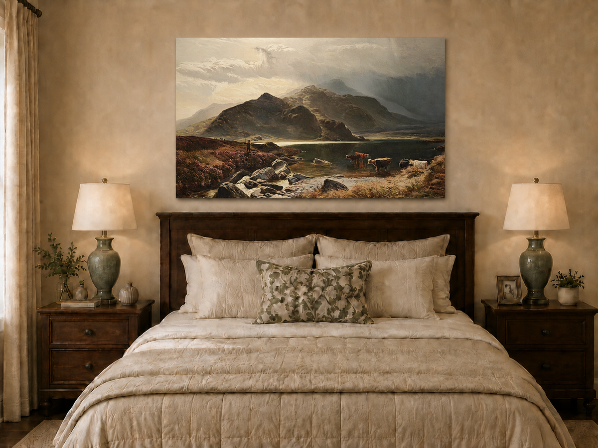 Landscape Oil Painting - Highland Lake, Cattle, Dramatic