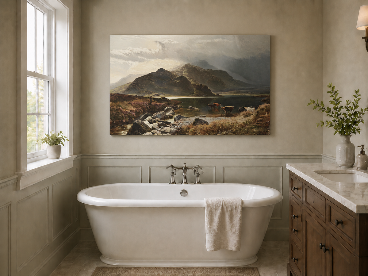 Landscape Oil Painting - Highland Lake, Cattle, Dramatic
