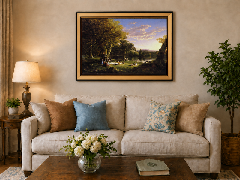 Landscape Oil Painting - Lakeside Picnic Scene, Forest at Sunset