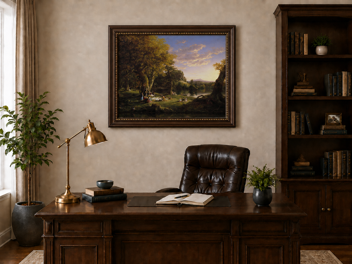 Landscape Oil Painting - Lakeside Picnic Scene, Forest at Sunset