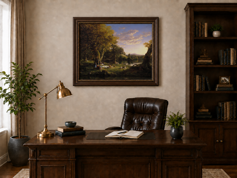 Landscape Oil Painting - Lakeside Picnic Scene, Forest at Sunset