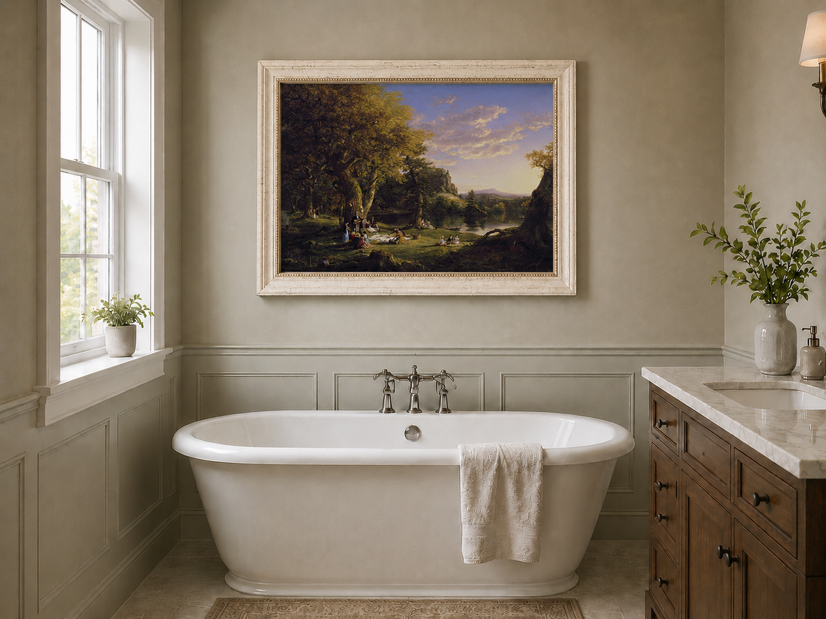 Landscape Oil Painting - Lakeside Picnic Scene, Forest at Sunset