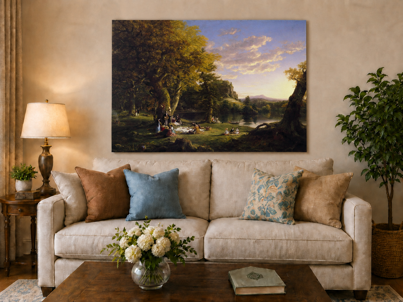 Landscape Oil Painting - Lakeside Picnic Scene, Forest at Sunset
