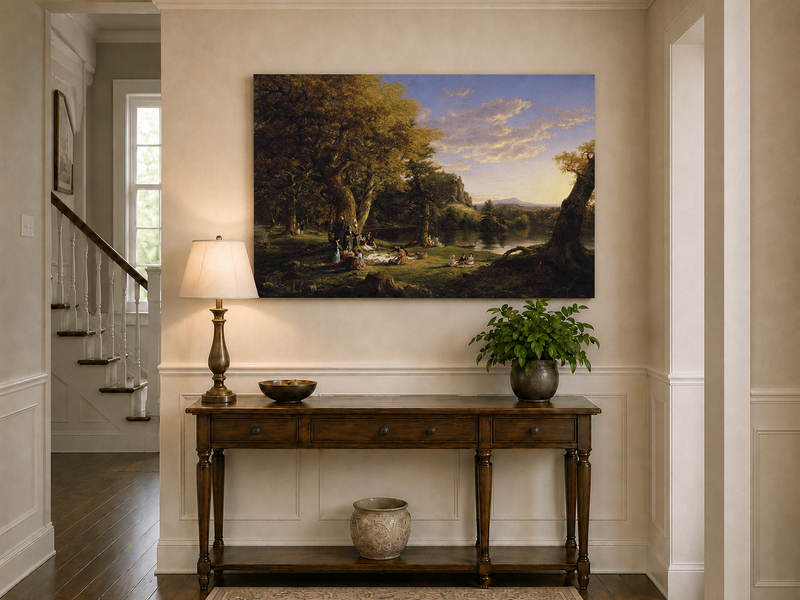 Landscape Oil Painting - Lakeside Picnic Scene, Forest at Sunset