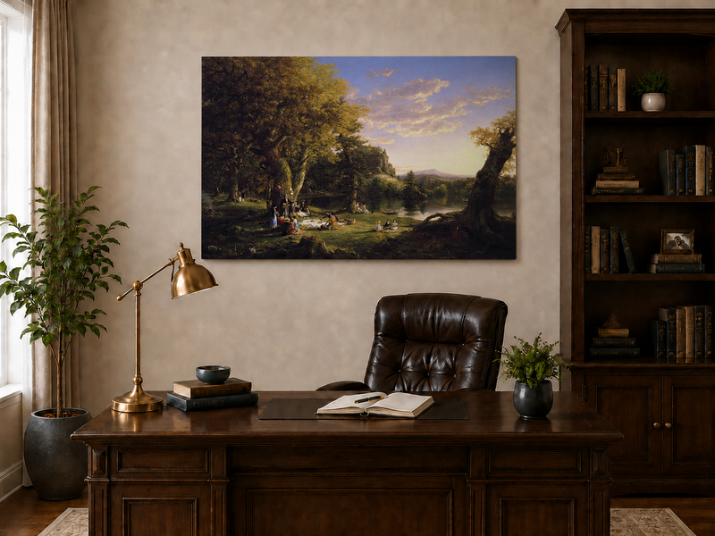 Landscape Oil Painting - Lakeside Picnic Scene, Forest at Sunset