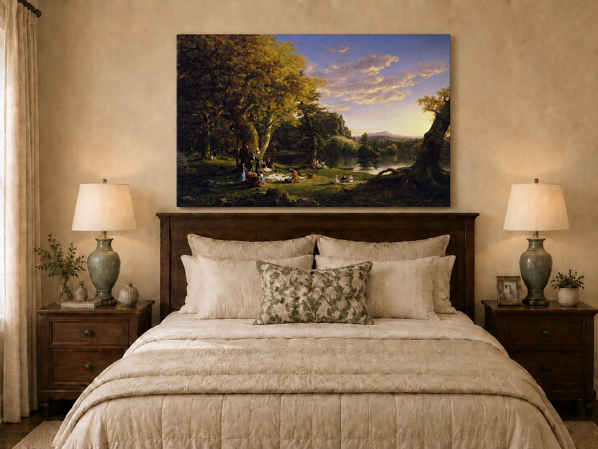Landscape Oil Painting - Lakeside Picnic Scene, Forest at Sunset