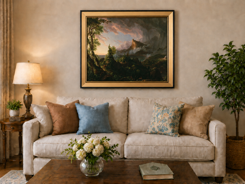 Peinture à l'huile de paysage - Paysage de montagne orageux avec un chasseur