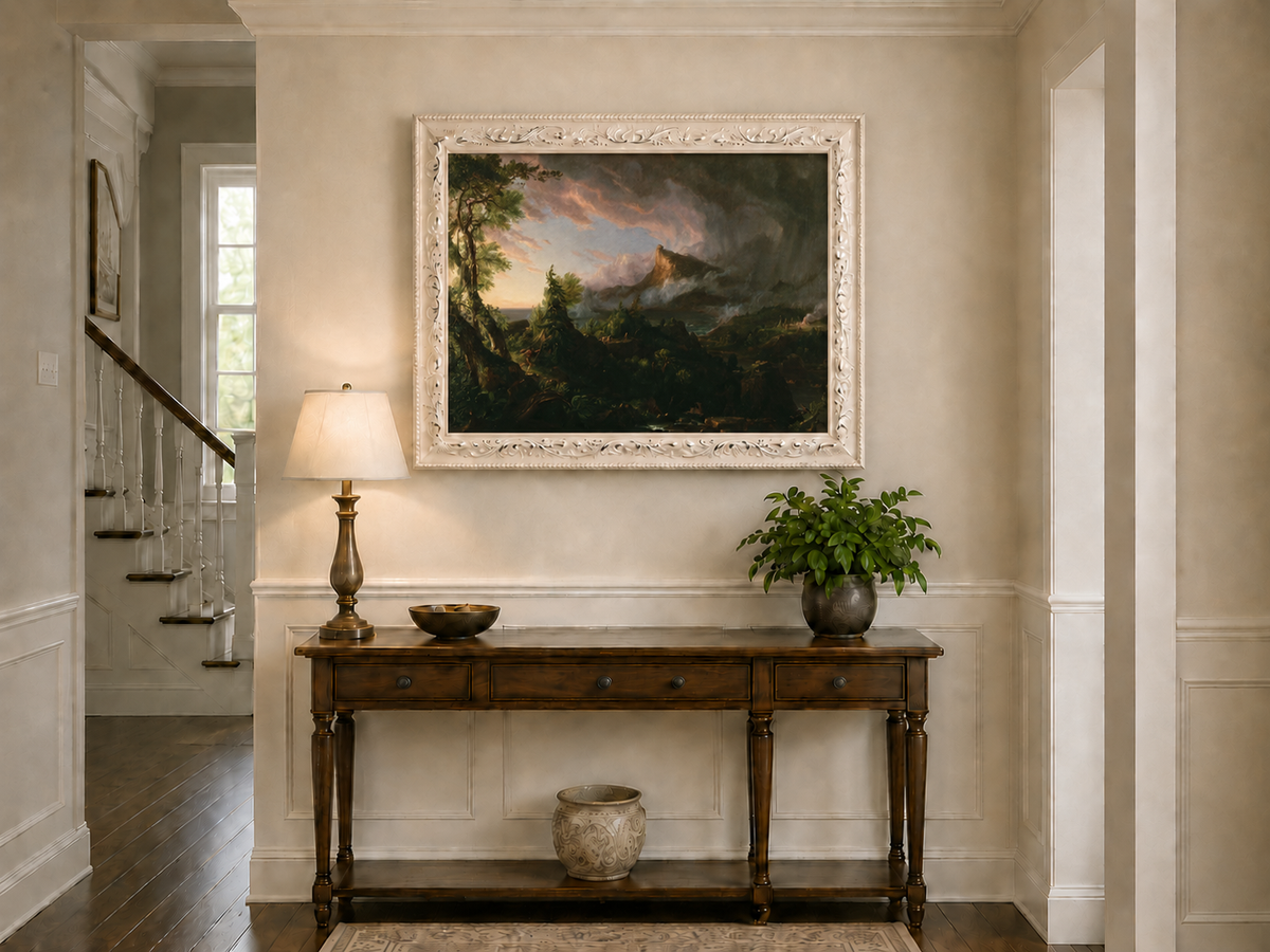 Peinture à l'huile de paysage - Paysage de montagne orageux avec un chasseur
