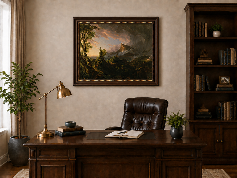 Peinture à l'huile de paysage - Paysage de montagne orageux avec un chasseur