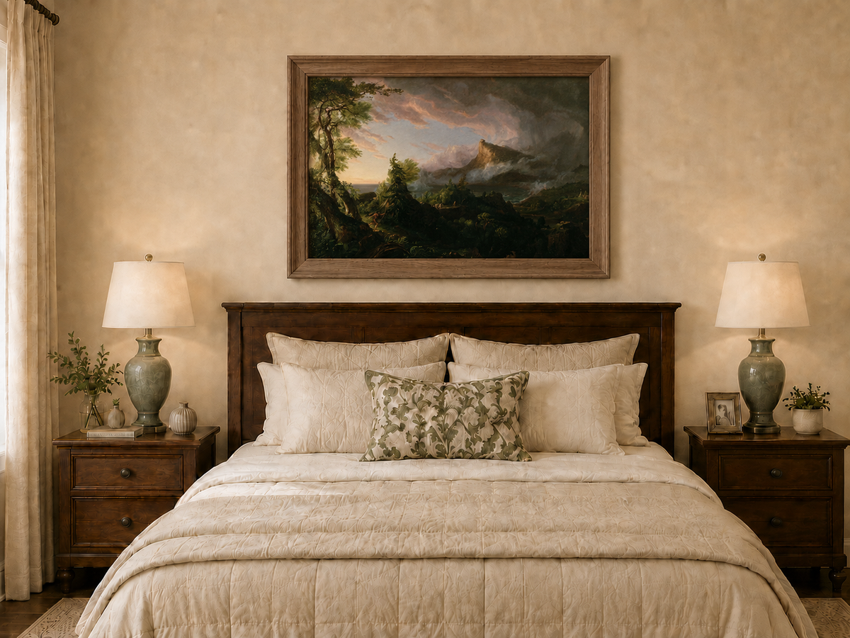 Peinture à l'huile de paysage - Paysage de montagne orageux avec un chasseur