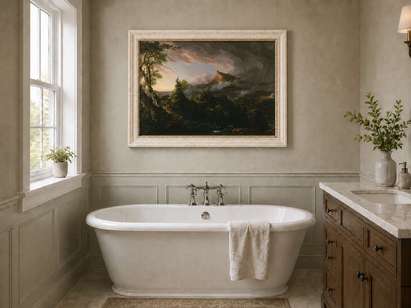Peinture à l'huile de paysage - Paysage de montagne orageux avec un chasseur