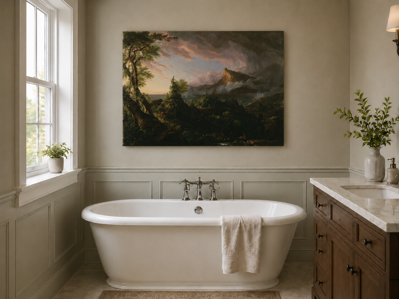 Peinture à l'huile de paysage - Paysage de montagne orageux avec un chasseur