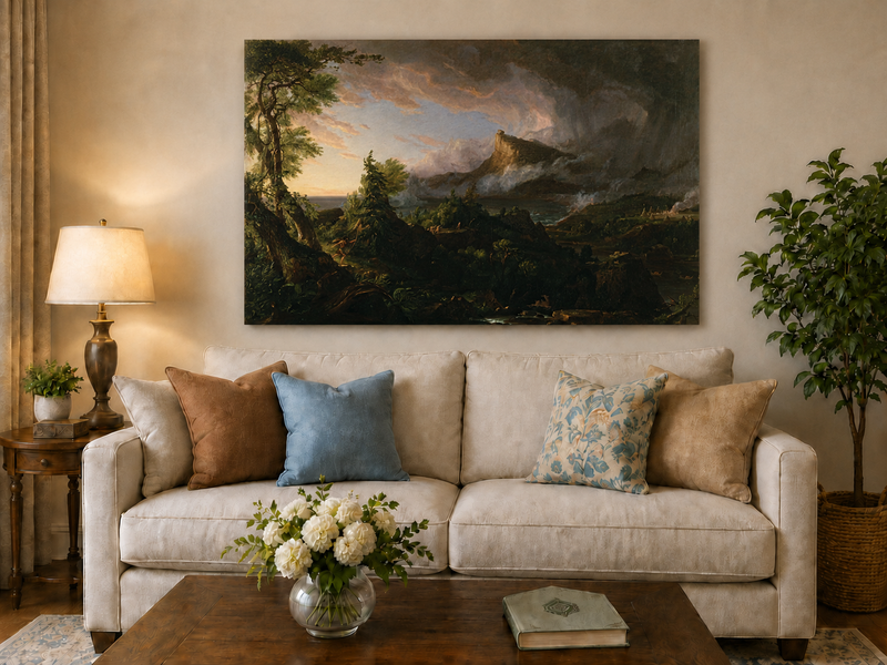 Peinture à l'huile de paysage - Paysage de montagne orageux avec un chasseur
