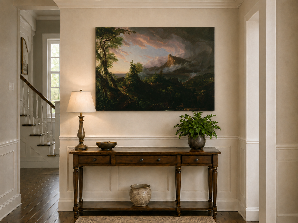 Peinture à l'huile de paysage - Paysage de montagne orageux avec un chasseur