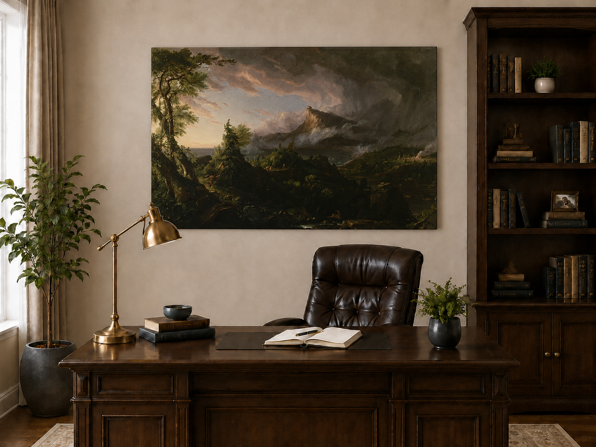 Peinture à l'huile de paysage - Paysage de montagne orageux avec un chasseur