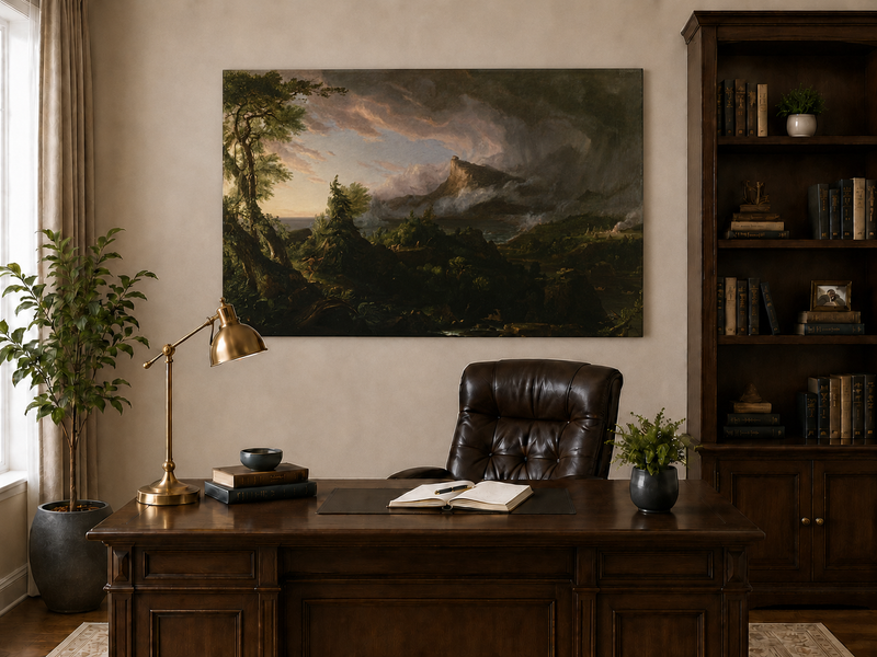 Peinture à l'huile de paysage - Paysage de montagne orageux avec un chasseur