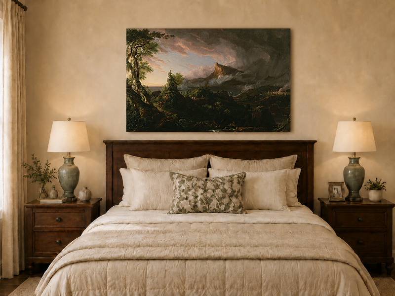 Peinture à l'huile de paysage - Paysage de montagne orageux avec un chasseur