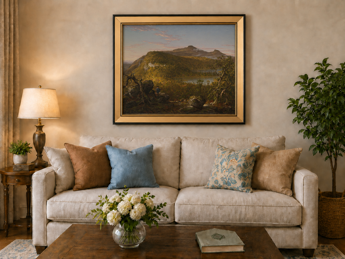 Landscape Oil Painting - Mountain Lake Building & Figure