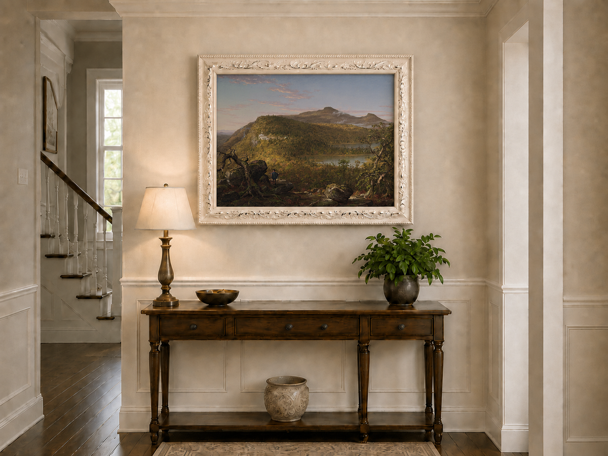 Landscape Oil Painting - Mountain Lake Building & Figure