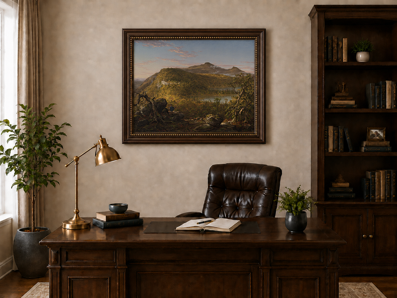 Landscape Oil Painting - Mountain Lake Building & Figure