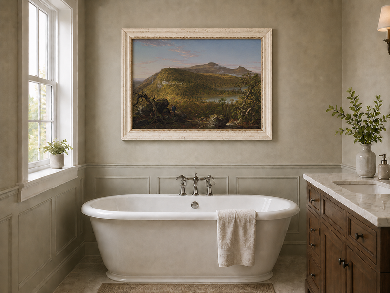 Landscape Oil Painting - Mountain Lake Building & Figure