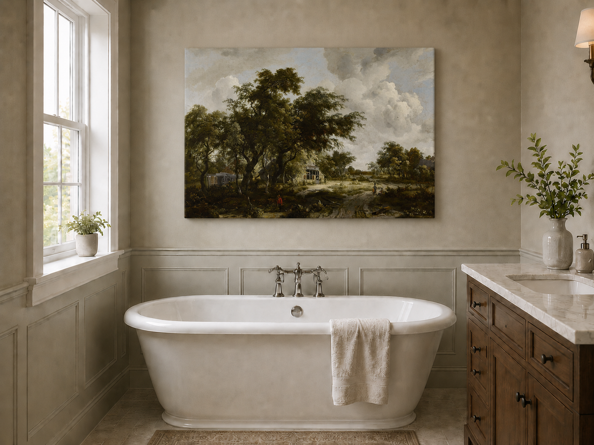 Landscape Oil Painting - Countryside Trees, Cottage & Figures