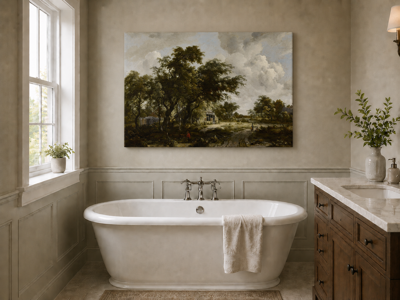 Landscape Oil Painting - Countryside Trees, Cottage & Figures