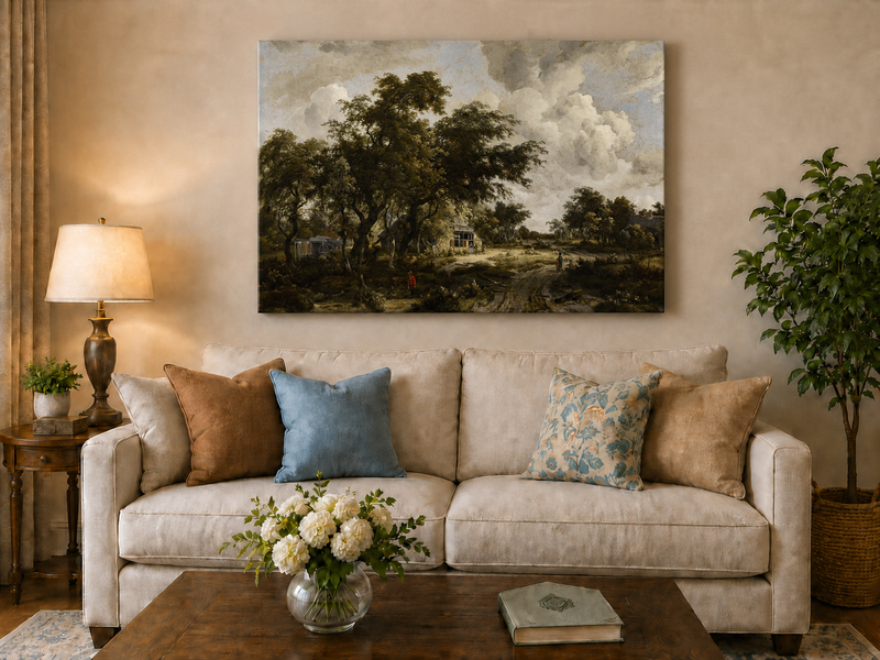 Landscape Oil Painting - Countryside Trees, Cottage & Figures