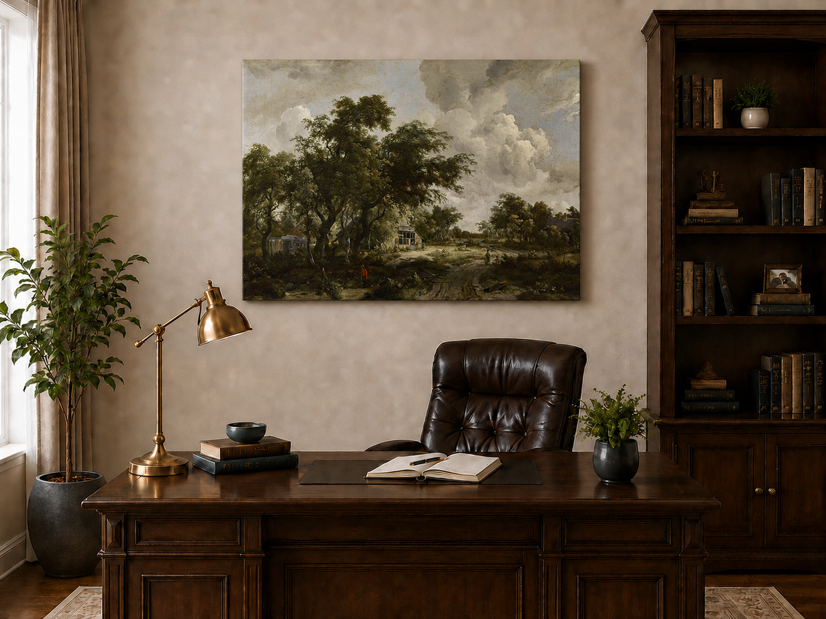 Landscape Oil Painting - Countryside Trees, Cottage & Figures