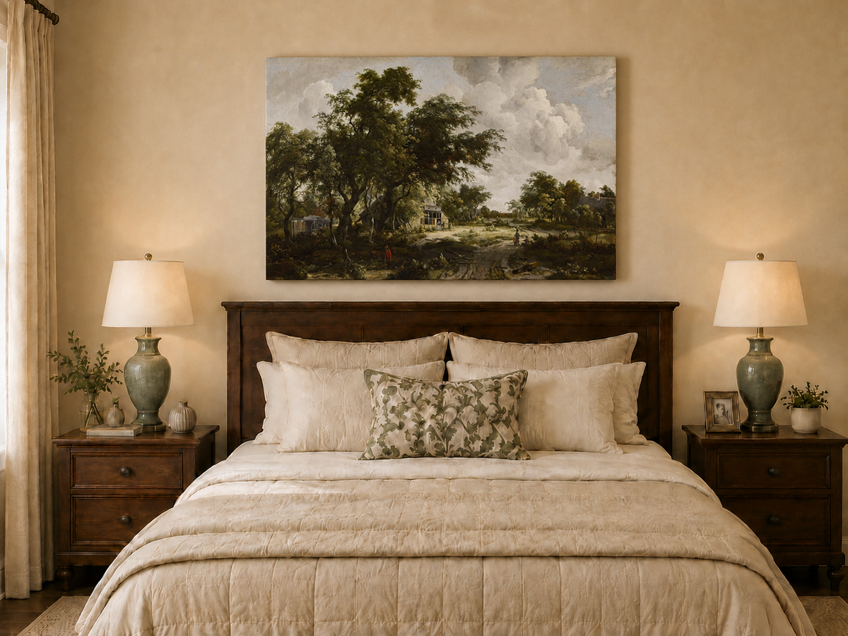Landscape Oil Painting - Countryside Trees, Cottage & Figures