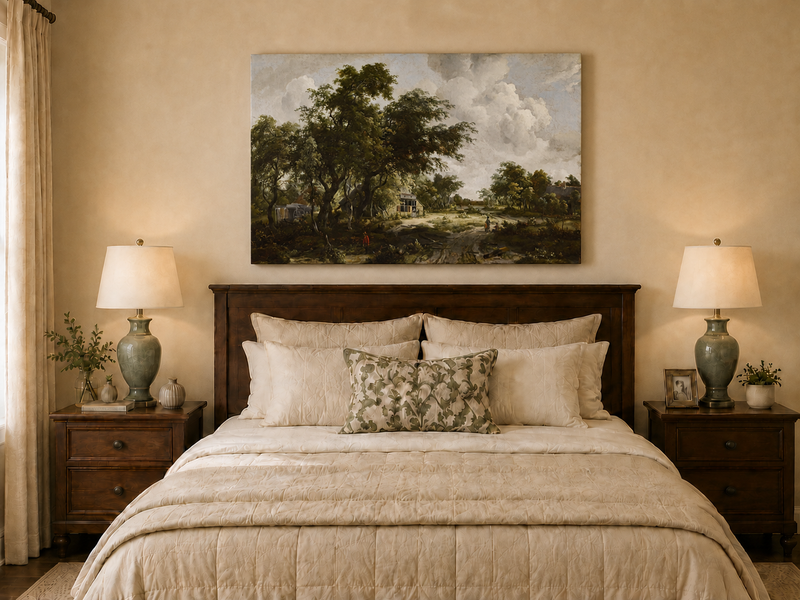 Landscape Oil Painting - Countryside Trees, Cottage & Figures