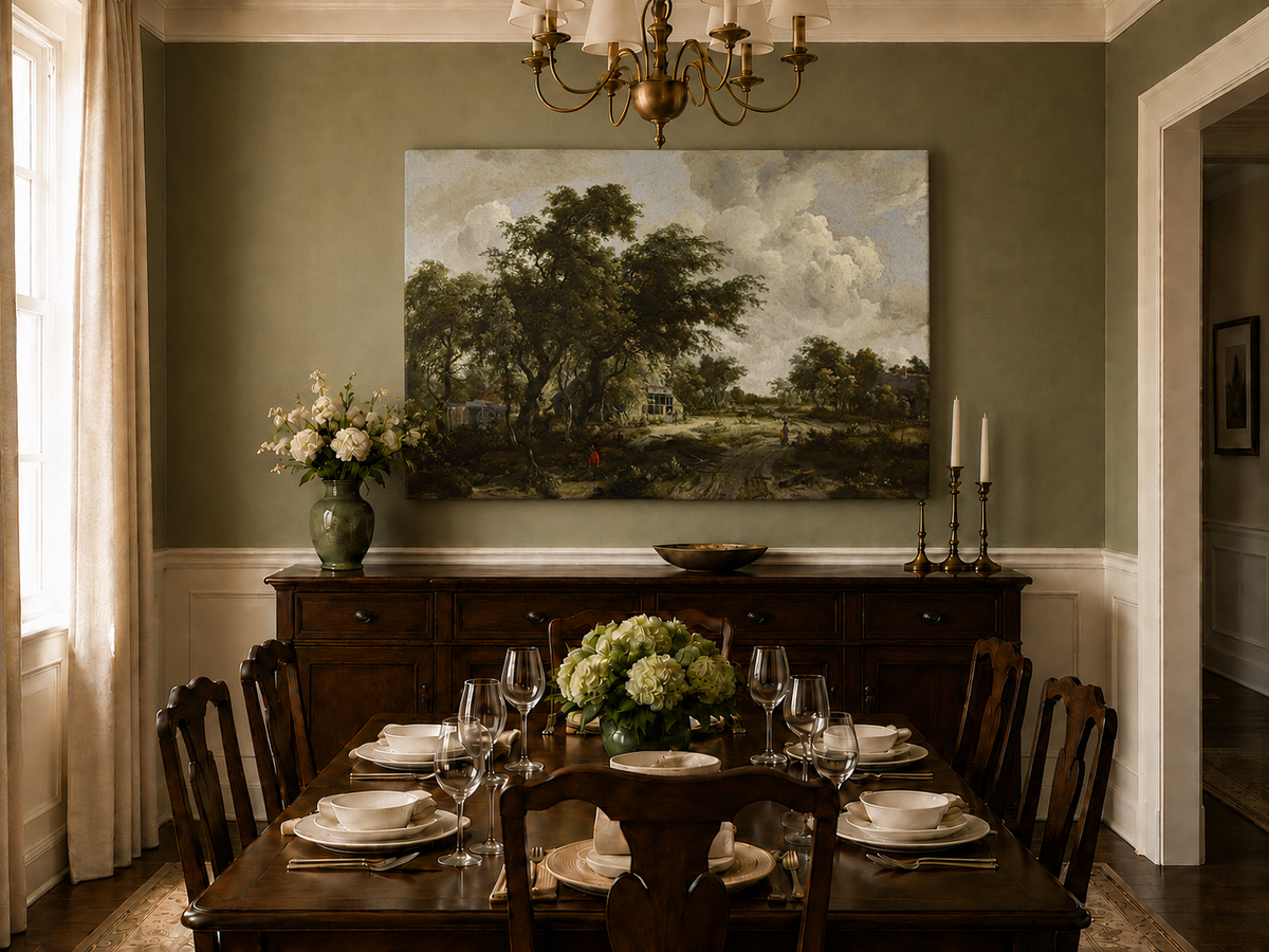 Landscape Oil Painting - Countryside Trees, Cottage & Figures