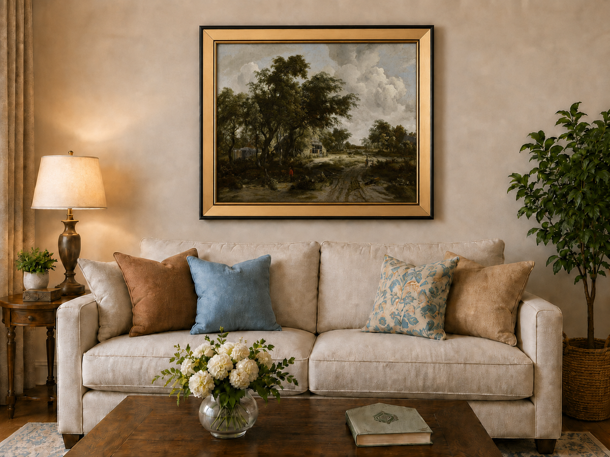 Landscape Oil Painting - Countryside Trees, Cottage & Figures