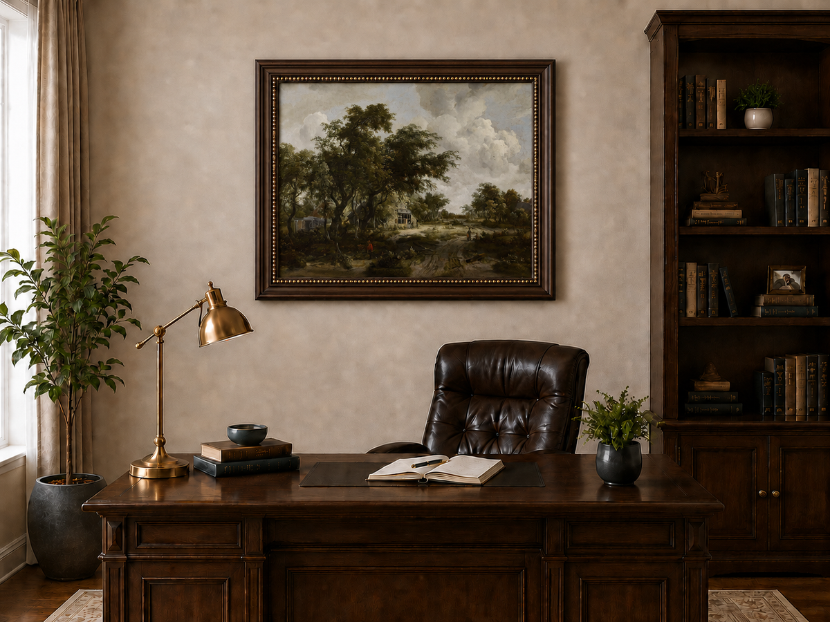 Landscape Oil Painting - Countryside Trees, Cottage & Figures