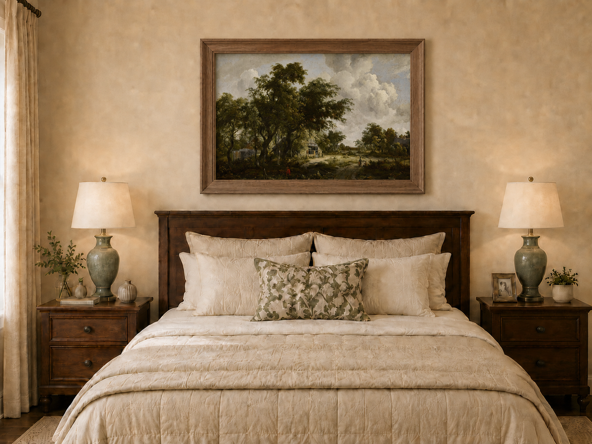 Landscape Oil Painting - Countryside Trees, Cottage & Figures