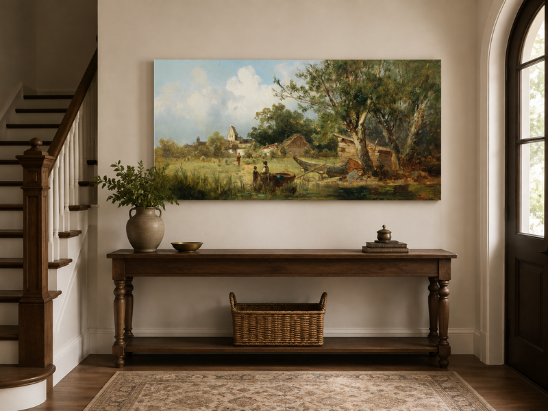 Peinture à l'huile de paysage - Village côtier avec phare et coucher de soleil