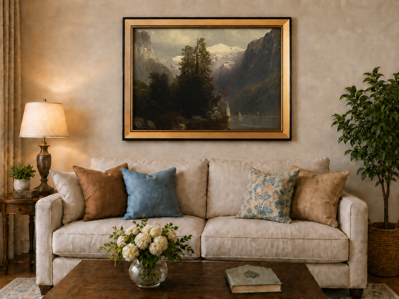 Landscape Oil Painting - Alpine Lake, Snow-Capped Peaks, Forest