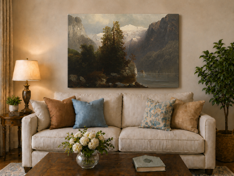 Landscape Oil Painting - Alpine Lake, Snow-Capped Peaks, Forest