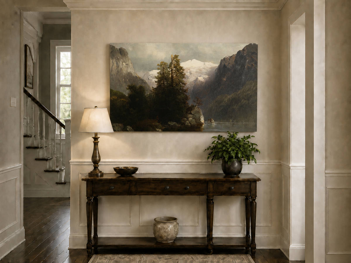 Landscape Oil Painting - Alpine Lake, Snow-Capped Peaks, Forest
