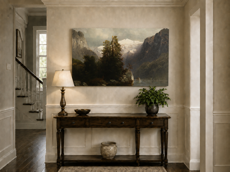 Landscape Oil Painting - Alpine Lake, Snow-Capped Peaks, Forest