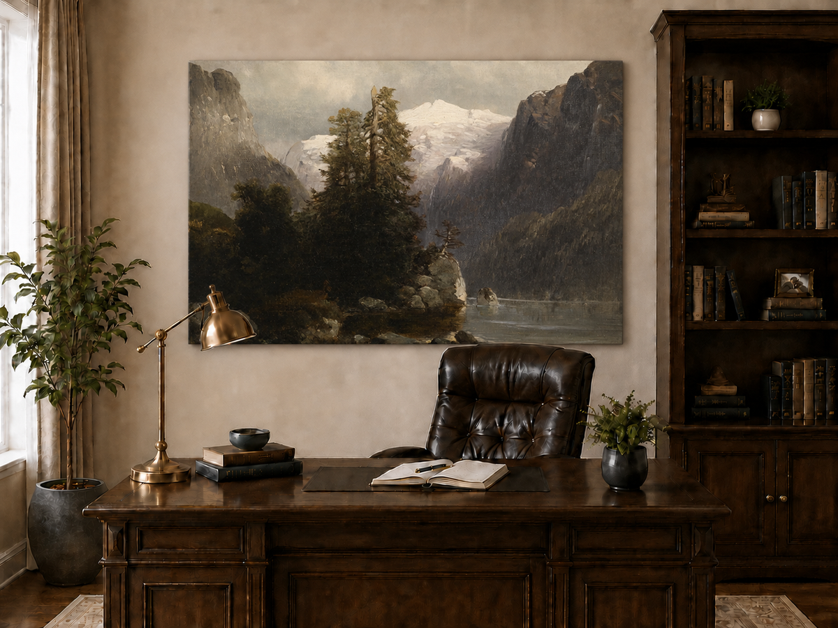 Landscape Oil Painting - Alpine Lake, Snow-Capped Peaks, Forest