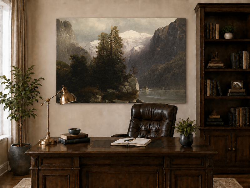 Landscape Oil Painting - Alpine Lake, Snow-Capped Peaks, Forest